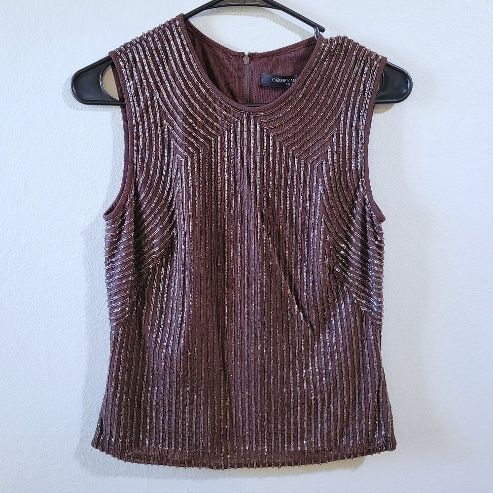 Carmen Marc Valvo Collection Burgundy Beaded Evening Tank Size S